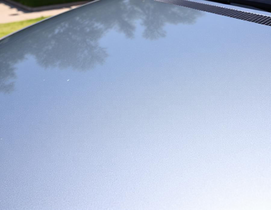 Hood with faded clear coat and scratches before refinishing